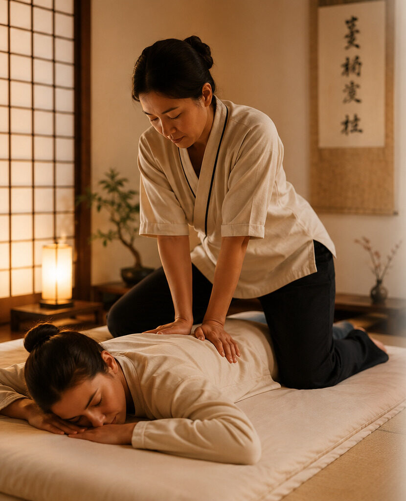 Terapeuta aplicando un masaje shiatsu de rodillas sobre un cliente